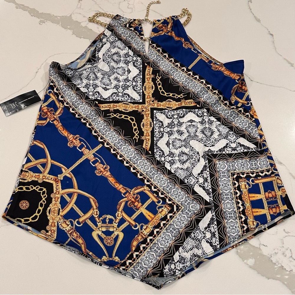 Inc International Concepts Blue Gold Scarf Halter Top S Chain Print Resort Y2K - Picture 2 of 10